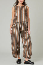 Striped Printed Crew Neck Sleeveless Top and Elastic Waist Wide-leg Pants Set