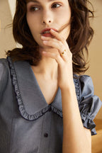 Micro Check Peter Pan Collar Puff Sleeve Button Front Ruffle Hem Mini Shirt Dress