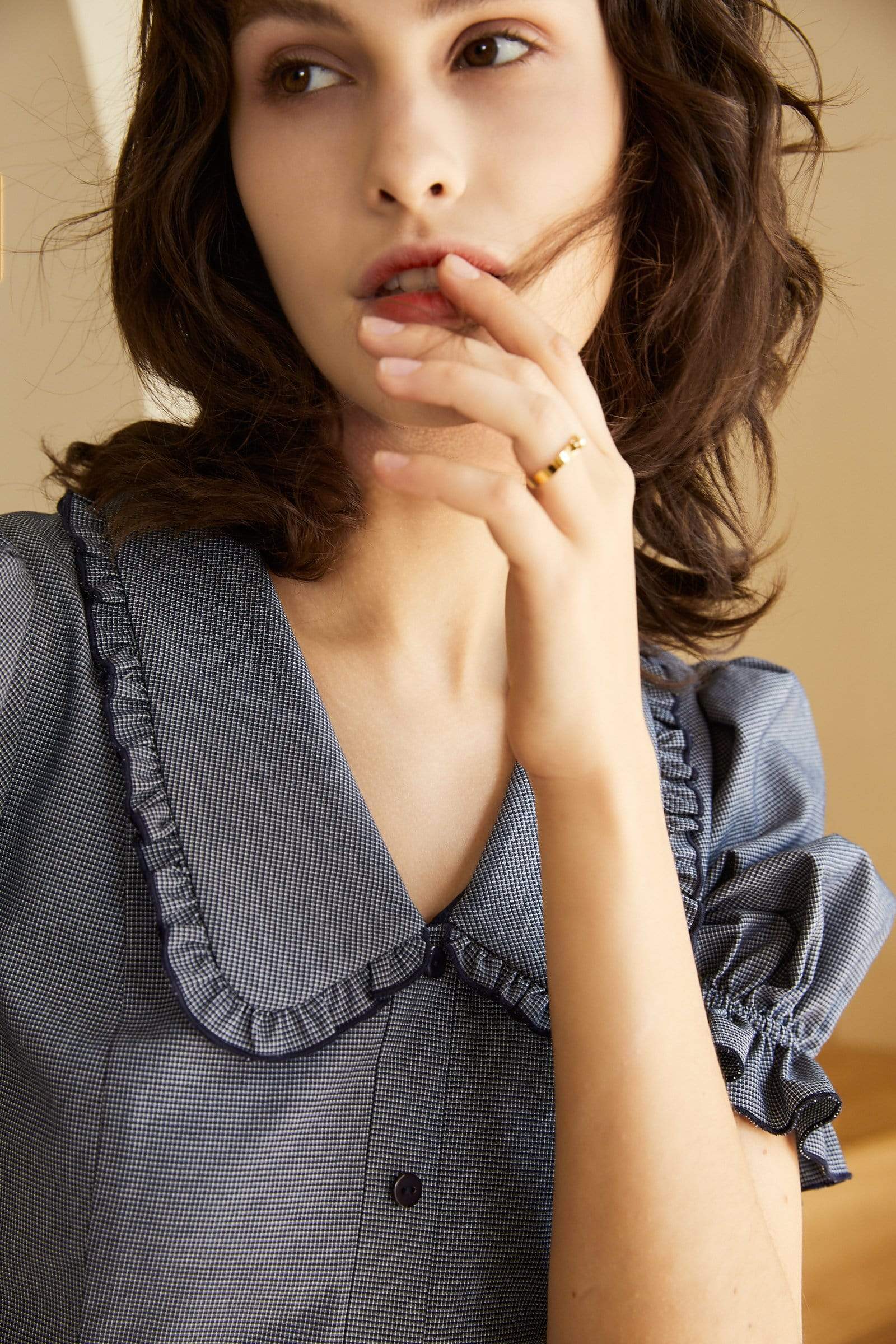 Micro Check Peter Pan Collar Puff Sleeve Button Front Ruffle Hem Mini Shirt Dress