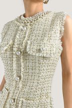 Pearl Embellished Neckline Button Front Fringe Trim Tweed Mini Dress