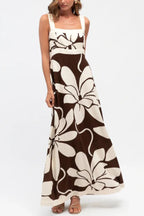 Color-blocked Floral Print Square Neck Sleeveless Casual Maxi Dress