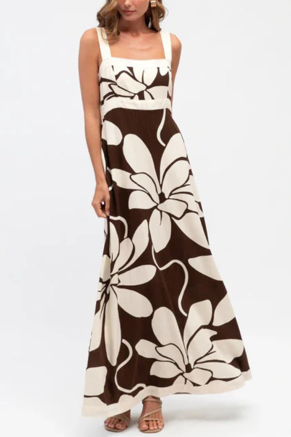 Color-blocked Floral Print Square Neck Sleeveless Casual Maxi Dress