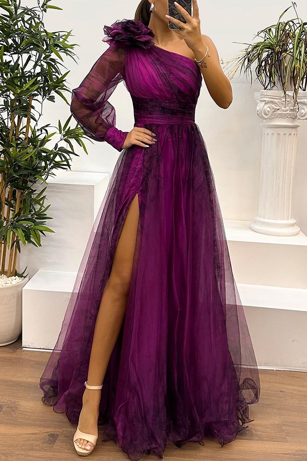 One Shoulder Floral Print Rosette Puff Sleeve Pleated Side Slit Maxi Dress