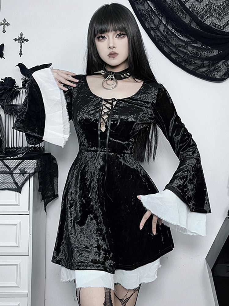 Lace Up Front Crushed Velvet Bell Sleeve Ruffle Cuff Mini Dress