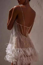 Beaded Sequin Spaghetti Strap Feather Trim Fringe Mini Cocktail Dress