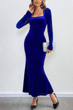 Velvet Square Neck Puff Shoulder Mermaid Hem Maxi Dress