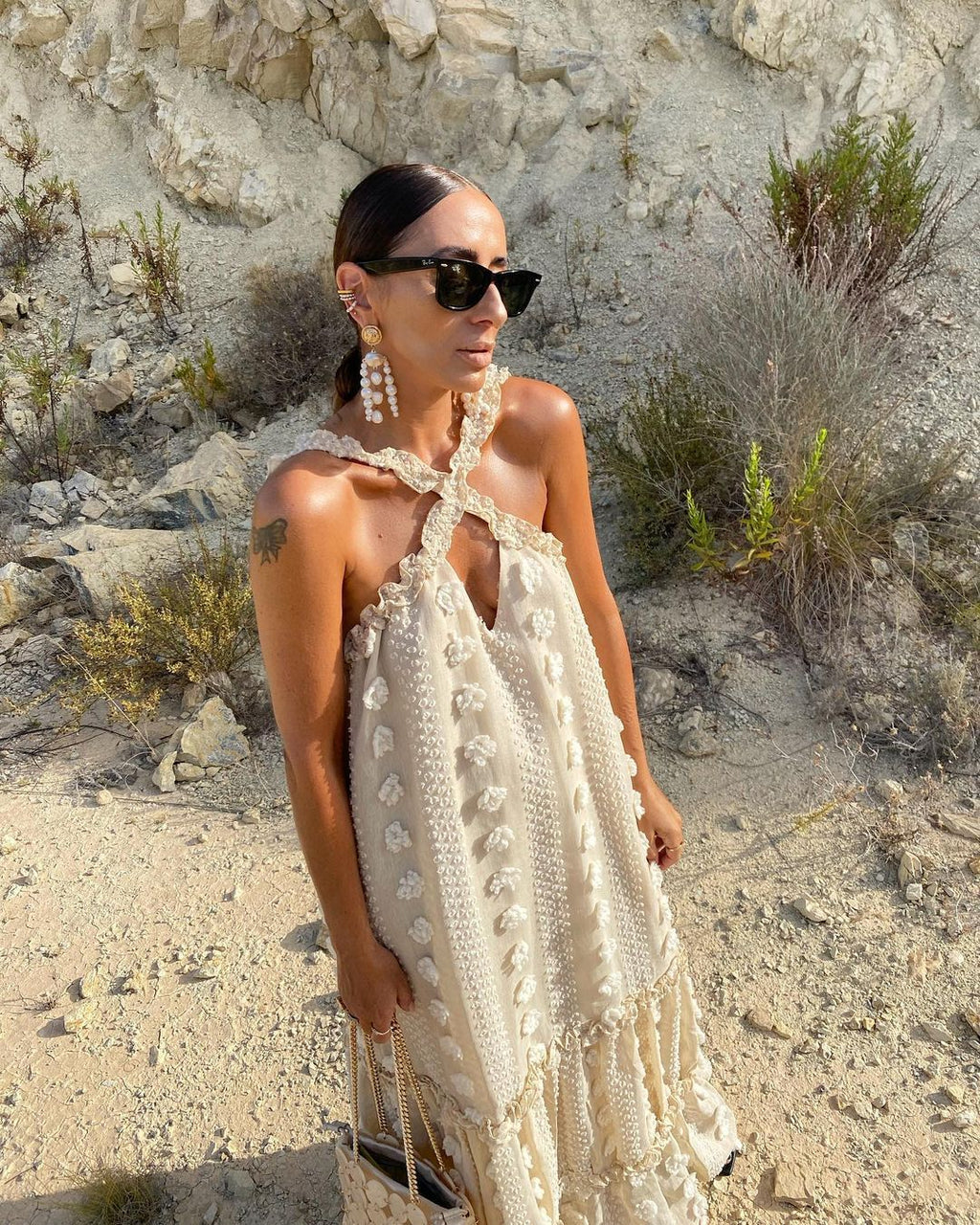 3D Floral Applique Crisscross Halter Tiered Maxi Dress