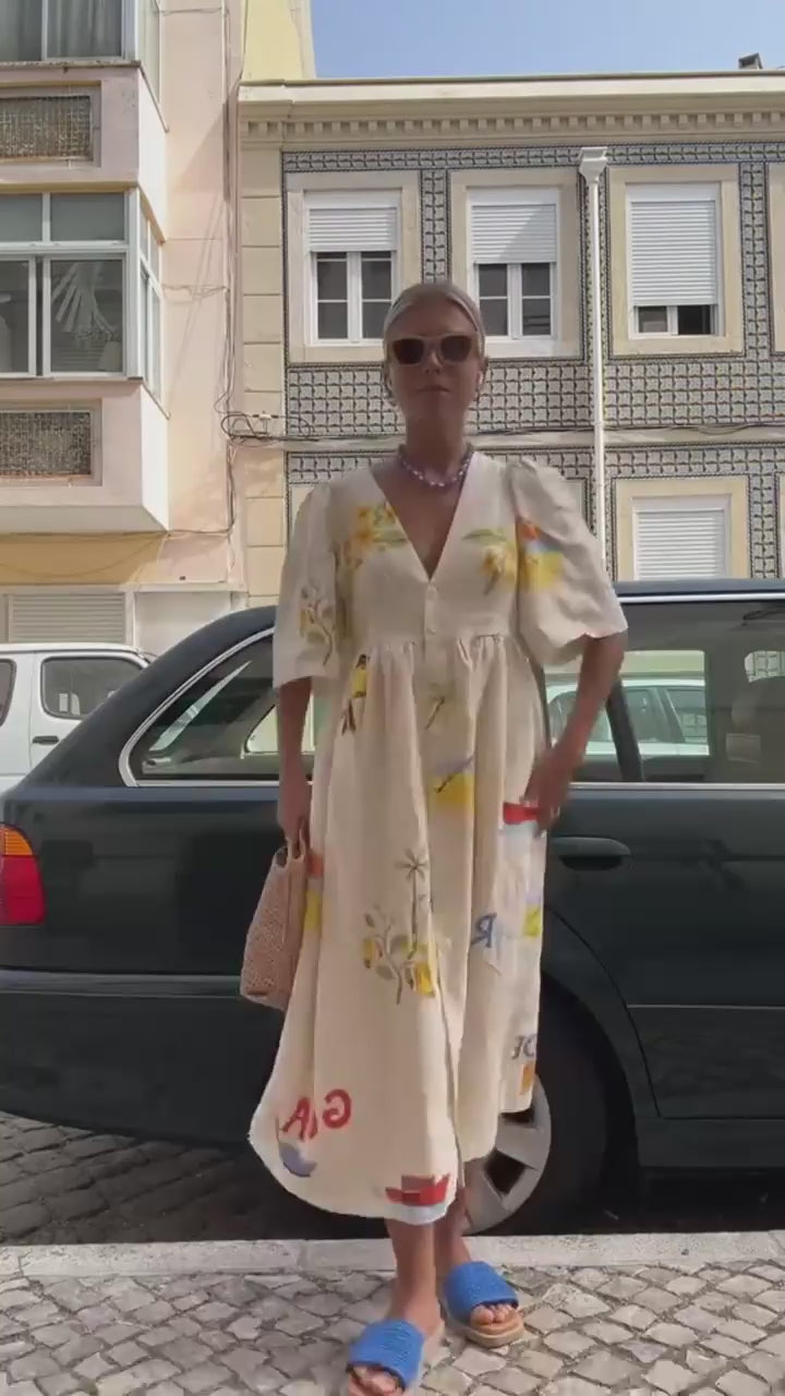 Tropical Graphic Print Puff Sleeve Button Front Empire Maxi Dress