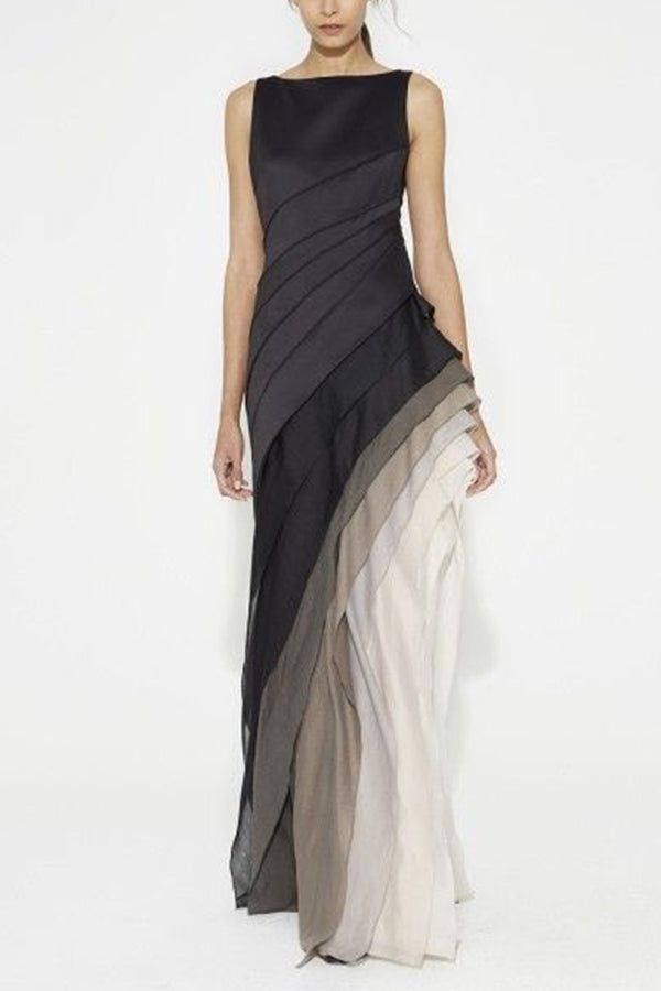 Ombre Gradient Diagonal Tiered Ruffle Column Maxi Gown