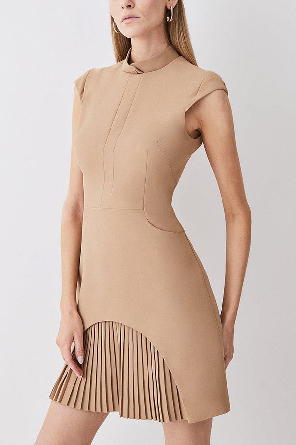 Cap Sleeve Mock Neck Pleated Panel Asymmetrical Mini Dress