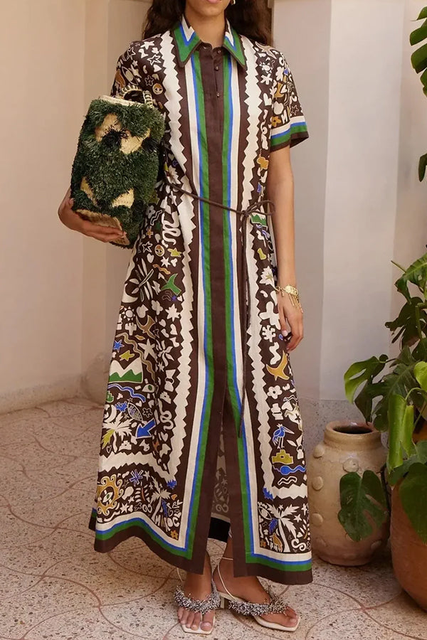 Bohemian Style Leopard Print Linen Shirt Dress