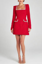 Lexi Timeless Girly and Mini Dress in Tweed Fabric with Beaded Trim, Long Slit Sleeves and Pockets Boutique Collection