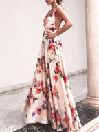 Floral Chiffon Backless Women Maxi Dress - Cream Boho Tie Shoulder A Line Sundress - Summer Beach Wedding Guest Party 2026