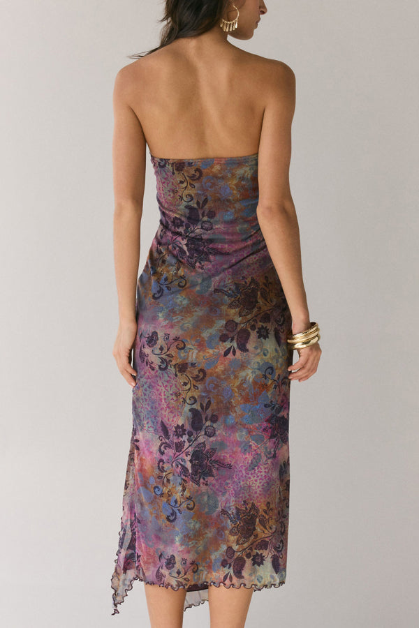 Mesh Tie-dye Slit Strapless Maxi Dress