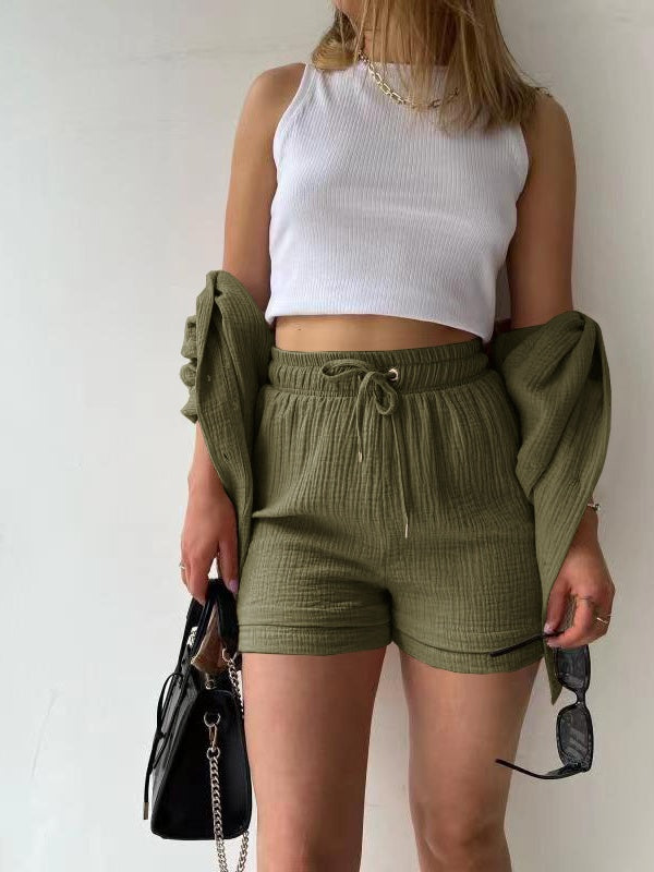 Long-sleeved Shirt And High-waisted Drawstring Shorts Casual Two-piece Set
