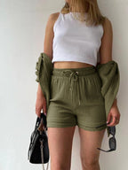 Long-sleeved Shirt And High-waisted Drawstring Shorts Casual Two-piece Set