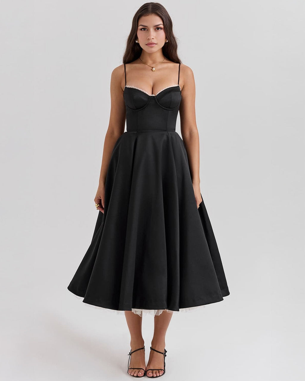 Lace Trim Corset Bustier Spaghetti Strap Pleated Pocket Tea Length Dress