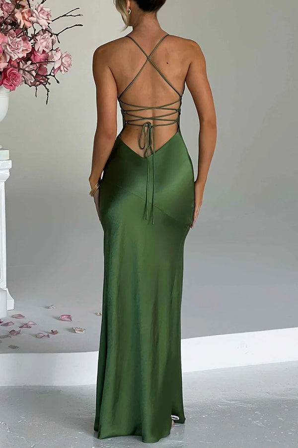 Satin Deep V-Neck Spaghetti Strap High Slit Column Maxi Dress