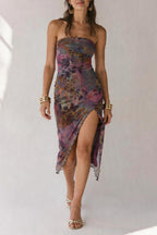 Mesh Tie-dye Slit Strapless Maxi Dress