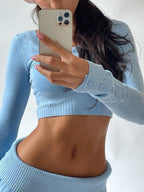 Solid Color Breasted Crop Turned Waist Knit Two Piece