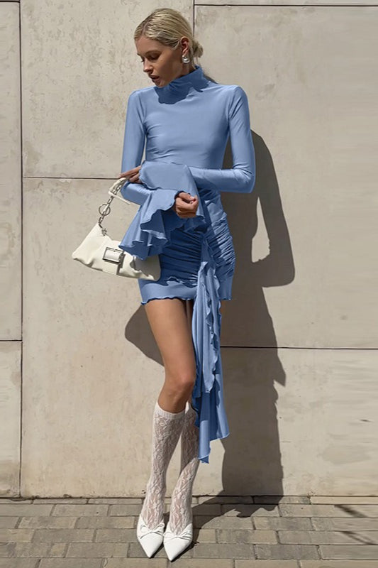 Mock Neck Long Sleeve Ruched Ruffle Lettuce Hem Mini Dress
