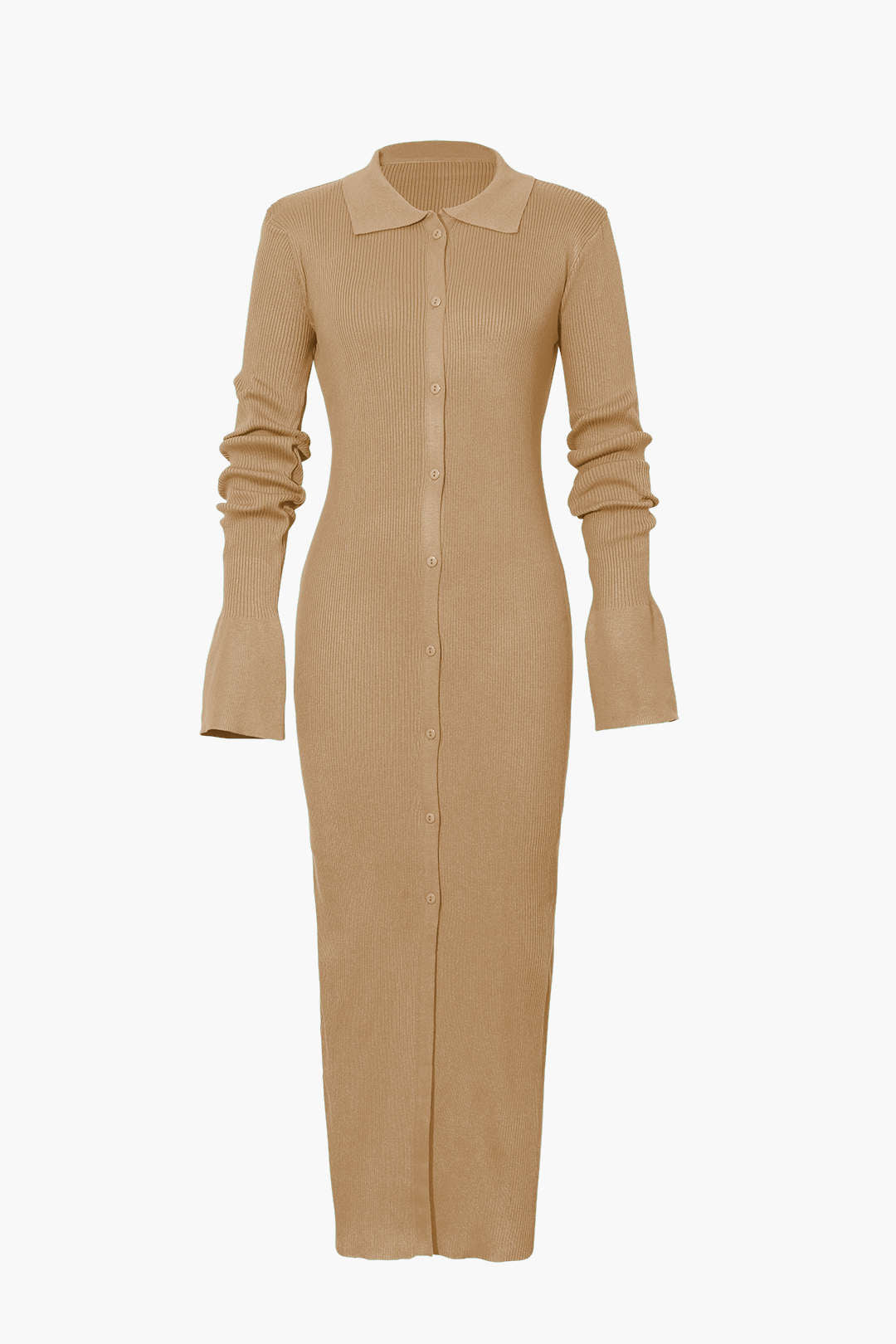 Rib Knit Polo Collar Button Front Flared Cuff Maxi Dress