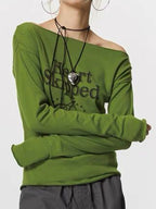 Off Shoulder Letter Print Long Sleeve Tee