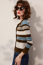 Striped Knit Turn-down Collar Cardigan