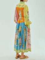 Collared Button Down Balloon Sleeve Architectural Scene Print Belted Maxi Dress