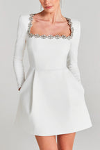 Velvet Square Neck Rhinestone Trim Long Sleeve Pocket A-Line Mini Dress
