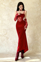 Velvet Square Neck Spaghetti Strap Lace Corset Mermaid Maxi Gown