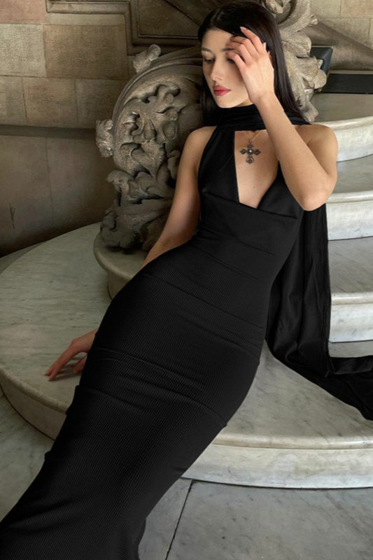 Rib Knit Halter Neck Backless Sash Drape Maxi Dress