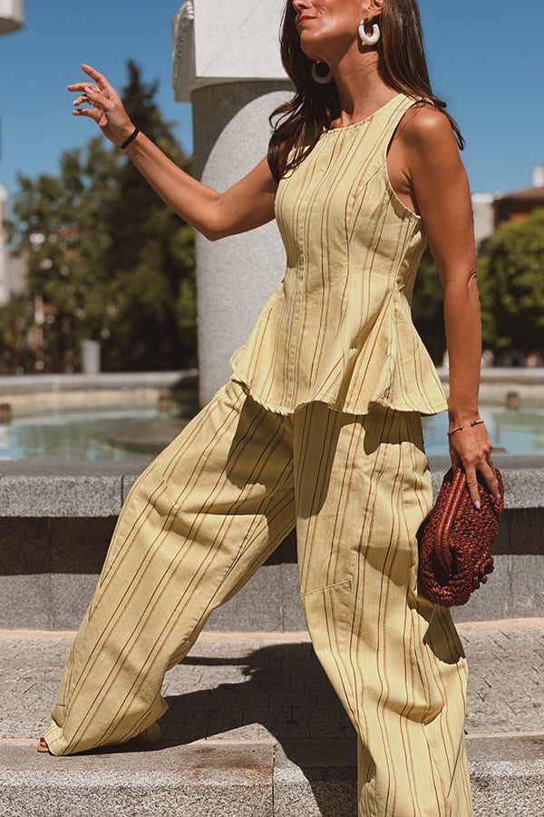 City Outfit Striped Peplum Hem Top and Elastic Waist Pocket Wide Leg Pants Set