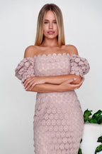 Off Shoulder Floral Lace Puff Sleeve Bodycon Midi Dress