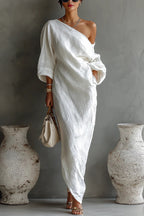 Linen Blend Loose-fitting Slanted Neck Lantern Sleeve Casual Maxi Dress