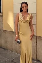 Satin Cowl Neck Wide Strap Sleeveless Bias Cut Maxi Gown
