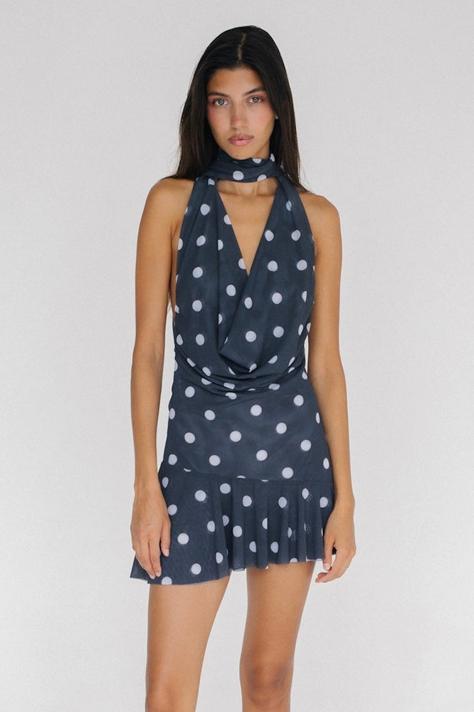 Polka Dot Cowl Neck Halter Backless Ruffle Hem Mini Dress