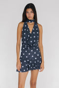 Polka Dot Cowl Neck Halter Backless Ruffle Hem Mini Dress