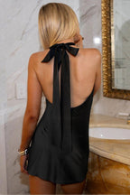 Halter Cowl Neck Ruched Open Back Bodycon Mini Dress