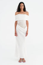 Off Shoulder Ruched Mesh Waist Panel Draped Overlay Maxi Gown