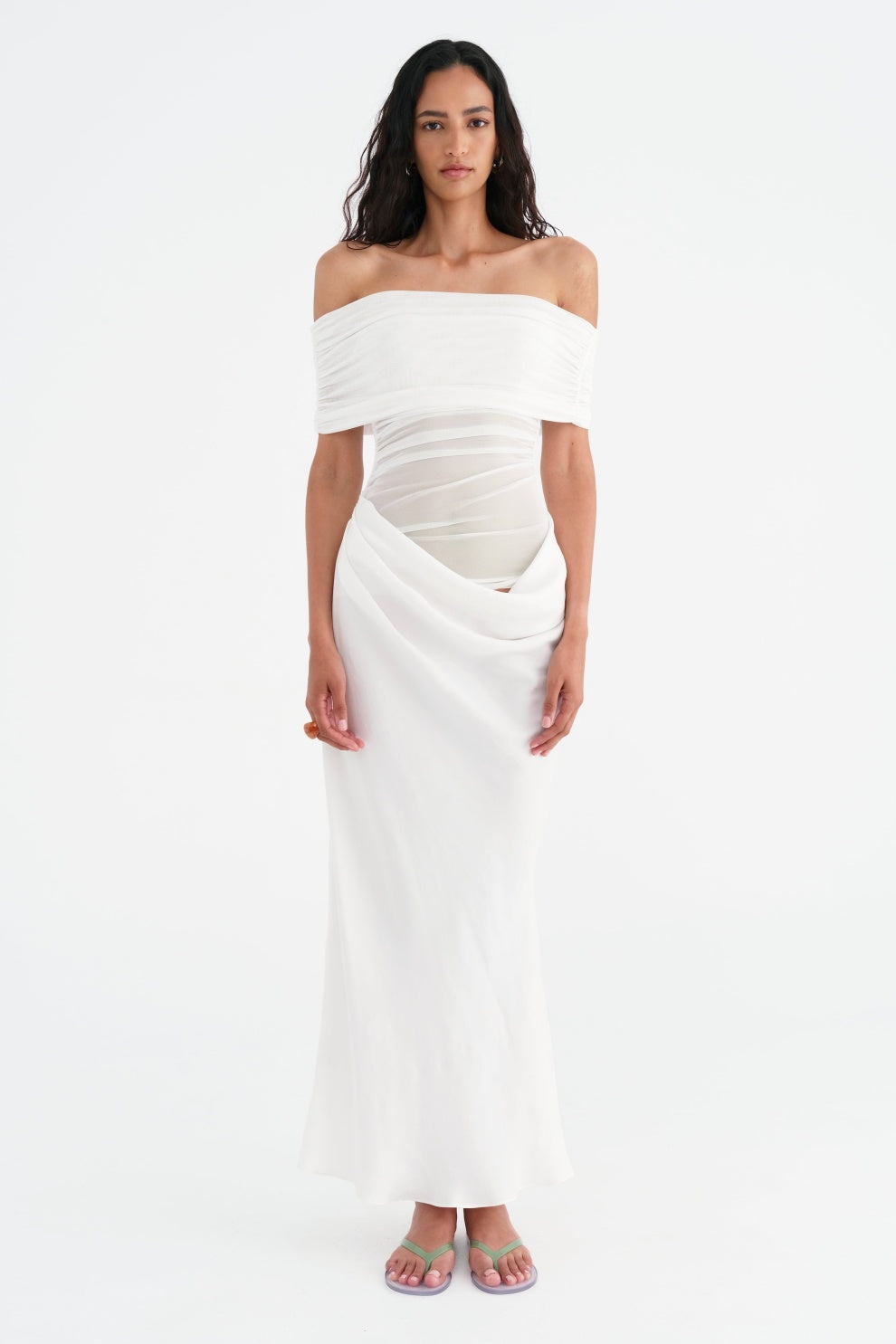 Off Shoulder Ruched Mesh Waist Panel Draped Overlay Maxi Gown
