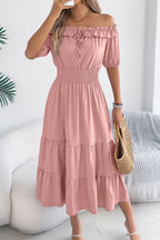 Stylish Off-shoulder Short-sleeved Pleated Waist Casual Midi Dress