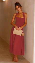 Casual Red Cotton A-Line Midi Dress