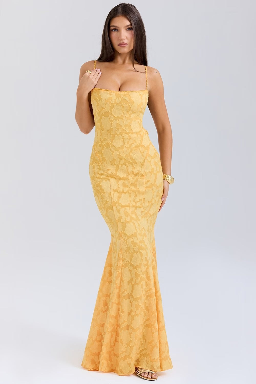 Floral Jacquard Strapless Mermaid Maxi Lace Dress