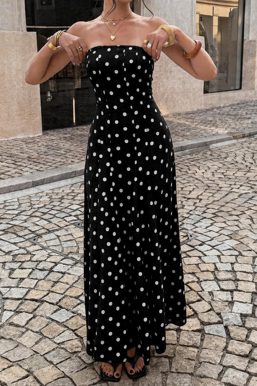 Strapless Polka Dot Paneled Slit Maxi Dress