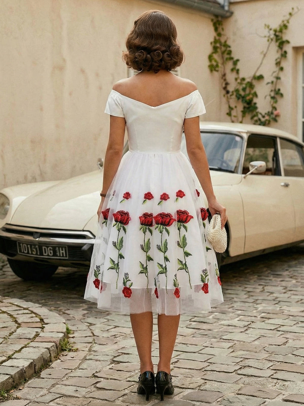 Rose Embroidered Vintage Midi Swing Dress for Women - 1950s Off Shoulder Style A-Line - Summer Tea Party 2026