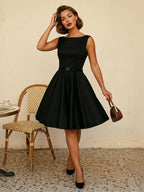 Vintage 1950s Swing Cocktail Dress Women - Sleeveless Boat Neck A-Line Belted Audery Style Midi Gown - Wedding Guest 2026