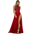 Lace Mock Neck Sleeveless Double High Split Chiffon Maxi Dress