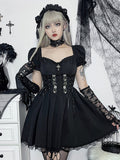 Sweetheart Corset Lace-Up Puff Sleeve Floral Embroidery Scalloped Lace Mini Dress