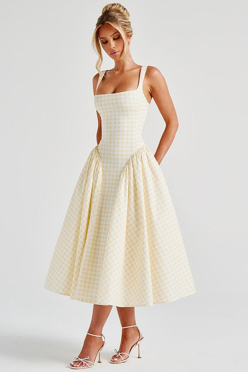 Gingham Square Neck Basque Waist Pleated Fit and Flare Midi Dress